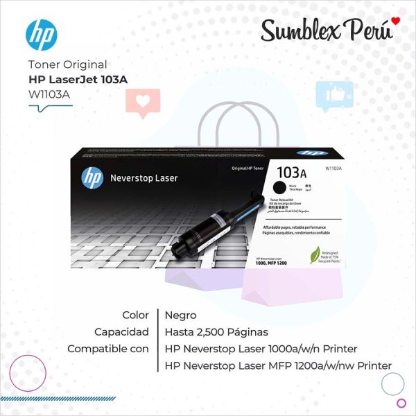 Toner Original HP 103A Negro W1103A Para 1200, 1000 - Imagen 2