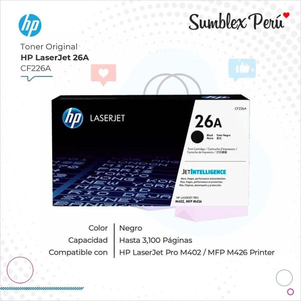 Toner Original HP 26A Negro CF226A Para M402, MFP M426