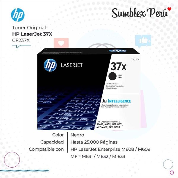 Toner Original HP 37X Negro CF237X Para M608, MFP M632